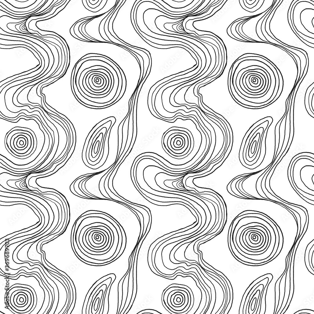 Abstract seamless pattern of ink waves lines and circles. Figure for textiles.