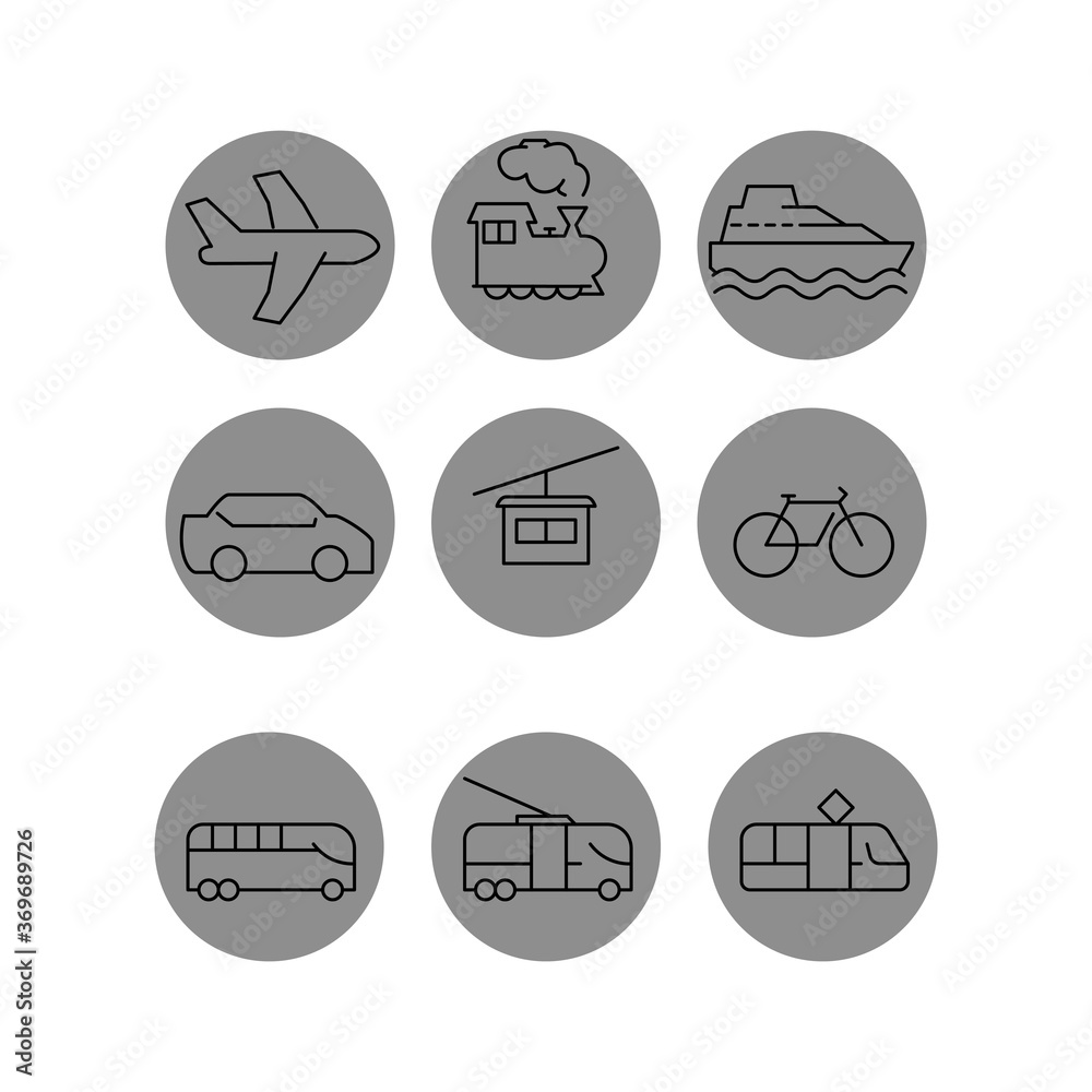 vector transport icons in grey circles on white background