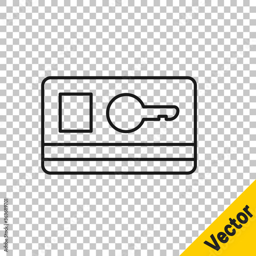 Black line Key card icon isolated on transparent background. Vector Illustration.