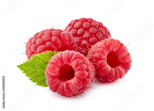 Raspberries  with  leaf  Isolated on White Background. Ripe berries isolated.