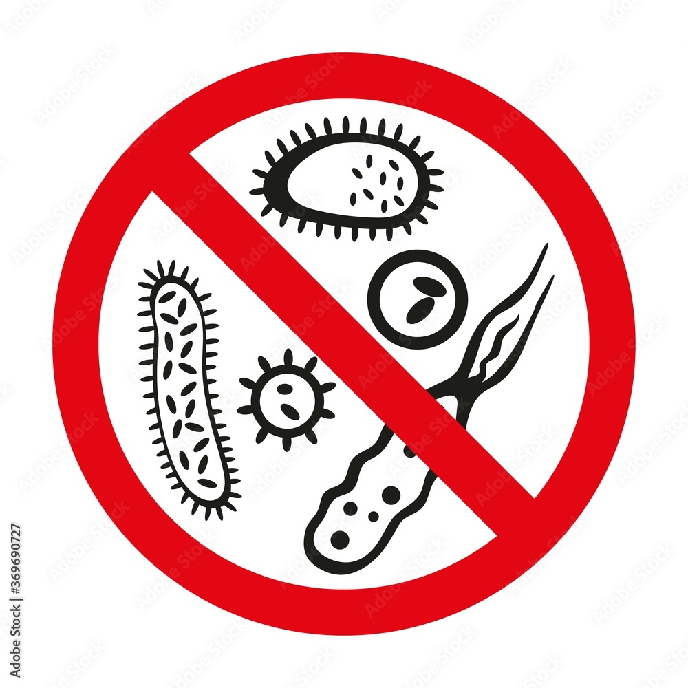 Vector illustration of an antibacterial and antiviral protection icon. Bacteria and viruses stop prohibition sign. Antiseptic. Isolated on white background. Vector emblem. Vector illustration of an antibacterial and antiviral protection icon. Bacteria and viruses stop prohibition sign. Antiseptic. Isolated on white background. Vector emblem.