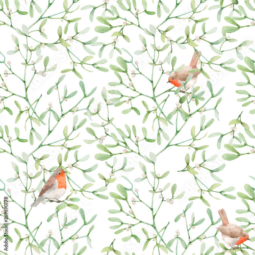 Beautiful seamless pattern with watercolor mistletoe plant leaves with robin birds. Stock illustraqtion.