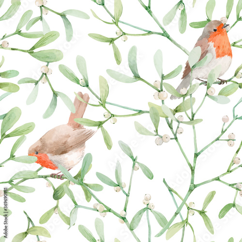 Beautiful seamless pattern with watercolor mistletoe plant leaves with robin birds. Stock illustraqtion.