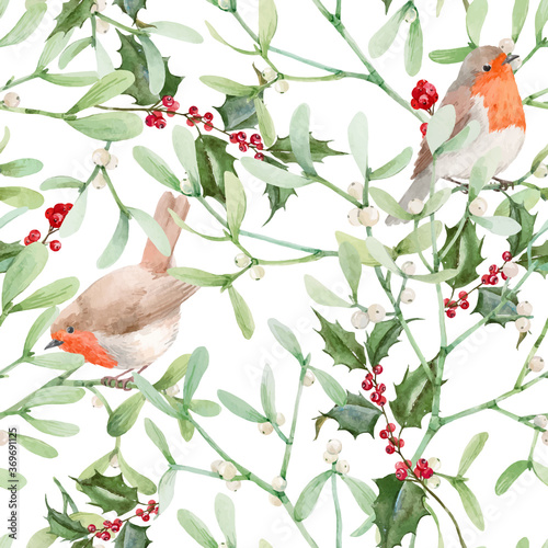 Beautiful seamless pattern with watercolor mistletoe plant leaves with robin birds. Stock illustraqtion.