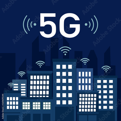 5G wireless network concept vector illustration on white background. Urban city with service connection, internet of things. High speed connection flat design.