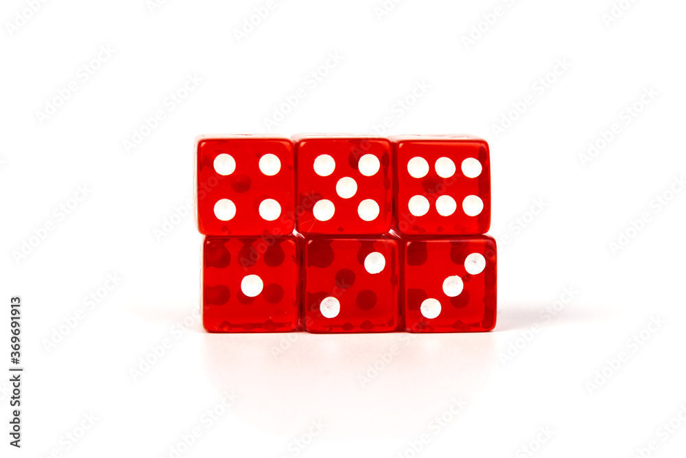 Transparent and red glass dices isolated on white background. Transparent and red glass dices isolated on white background.