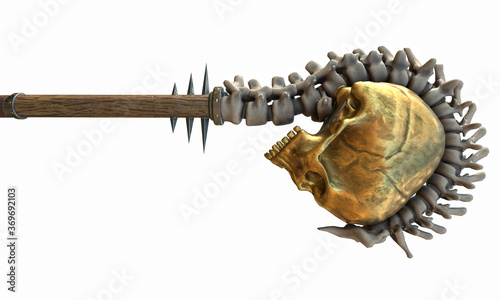 staff with a skull wooden with gold and metal inserts on an isolated white background. 3d illustration
