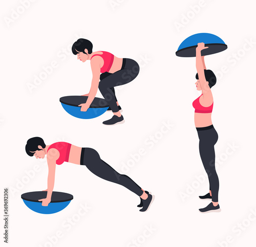 BOSU Ball / Balance Training Ball workout. Young woman doing BOSU Ball exercises. Vector illustration