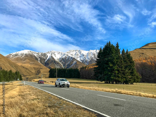 A car driving to Aoraki (Mount Cook) Queenstown New Zealand