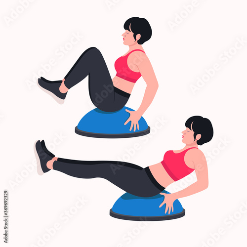 BOSU Ball / Balance Training Ball workout. Young woman doing BOSU Ball exercises. Vector illustration