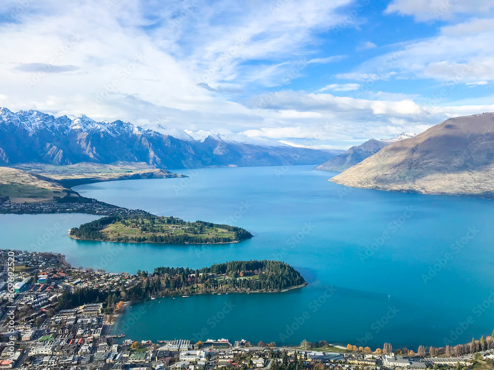 The amazing Top View of Queentown New Zealand, and the Queentown bay with Lake Wakatipu.