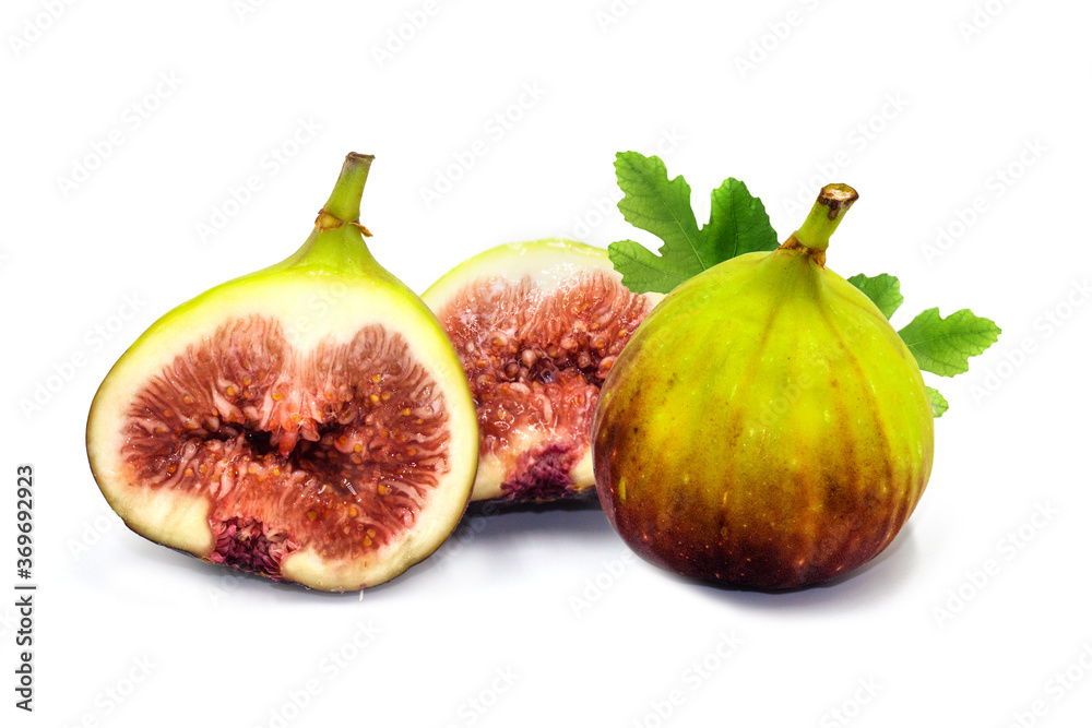 Fresh Brown turkey figs with leaves isolated on white background. Fresh Brown turkey figs with leaves isolated on white background.