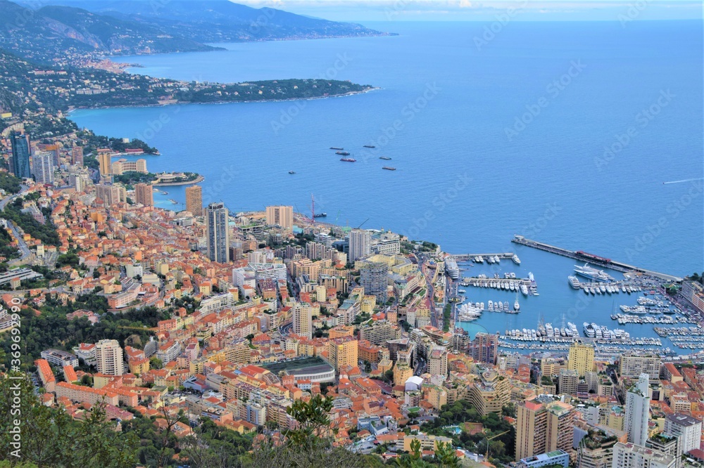 Monte Carlo, Monaco city, port, sea and coast panoramic view from Tete De Chien