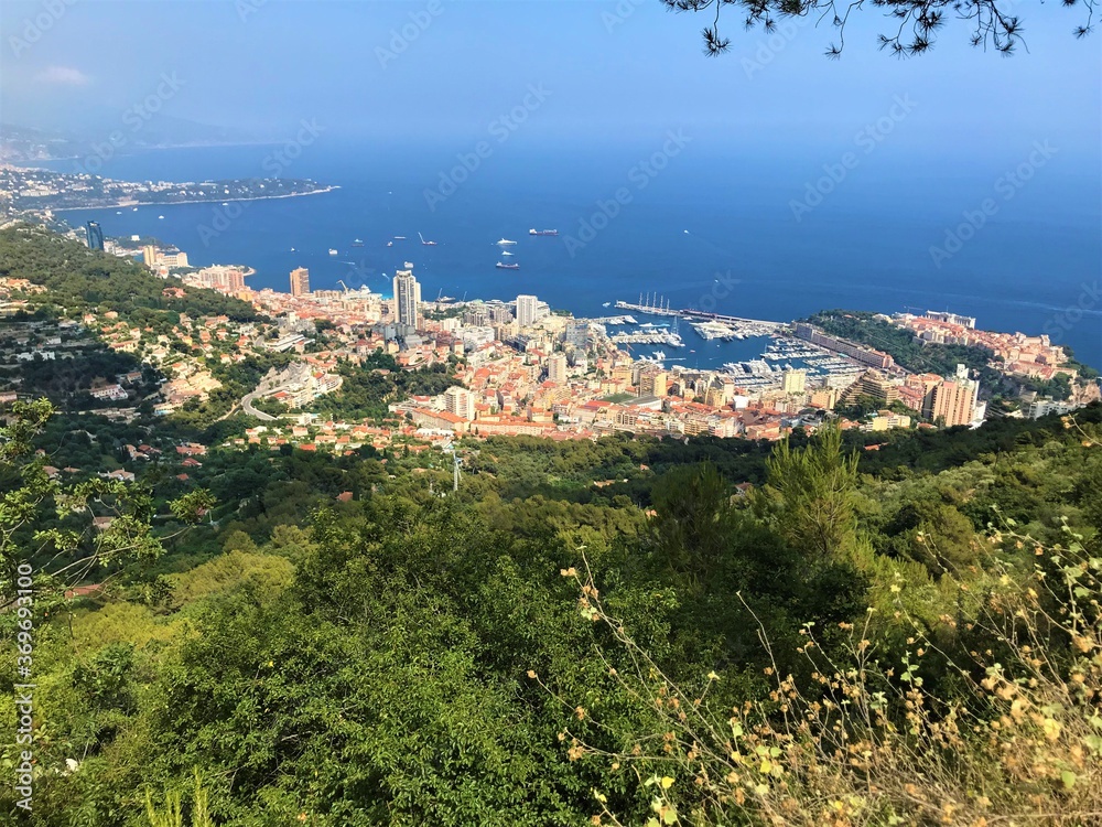 Monte Carlo, Monaco city, port, sea and coast panoramic view from La Turbie with clear blue sky