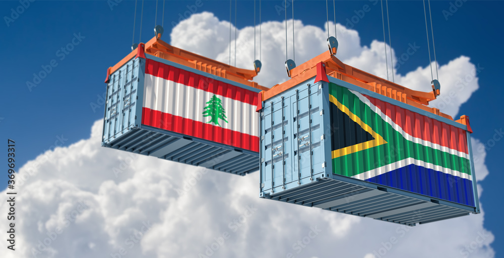 Freight containers with South Africa and Lebanon flag. 3D Rendering 