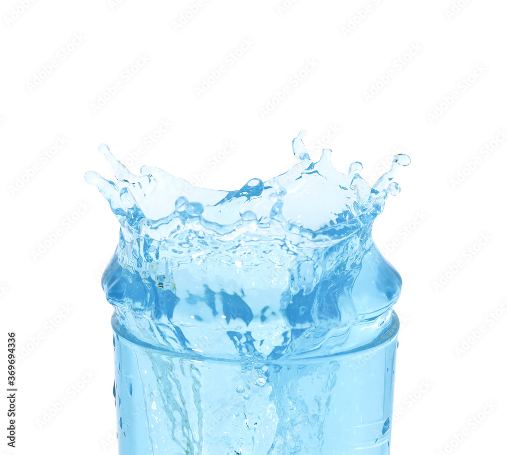 ice cubes threw into a glass of pure water and water splashes. Isolated on a white background ice cubes threw into a glass of pure water and water splashes. Isolated on a white background
