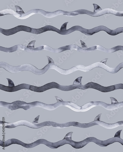 Shark Seamless Pattern - Watercolor Illustration Background - Shark Tails over Sea Waves © Claudia