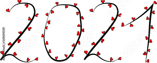 Obraz na płótnie 2021. Arabic numerals. Happy New Year and merry Christmas. Bright romantic font. Black outline and bright red hearts. The atmosphere of romance and love. A holiday for lovers. Tenderness and passion w salonie