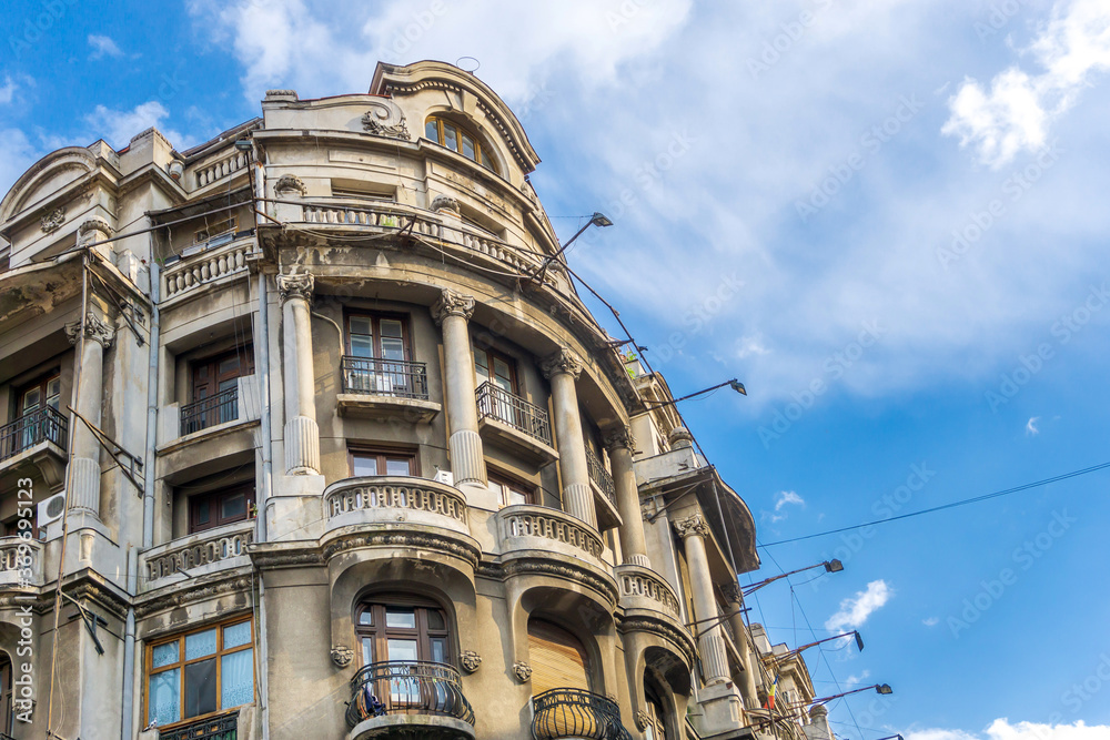 BUCHAREST, ROMANIA - August 28, 2017: antique building view in Old Town Bucharest, Romanian