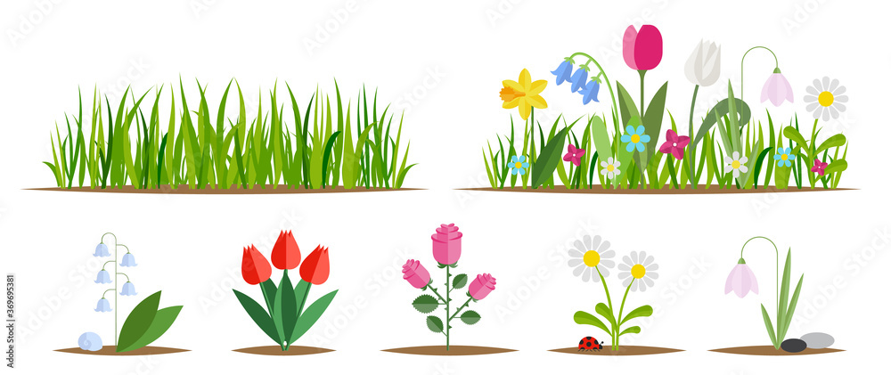 Flower and grass flat icon set isolated on white. Various garden flowers including rose, tulip, orchid, Espatifilo, bells flowers, Bellis perennis, bulb flowers. - obrazy, fototapety, plakaty 