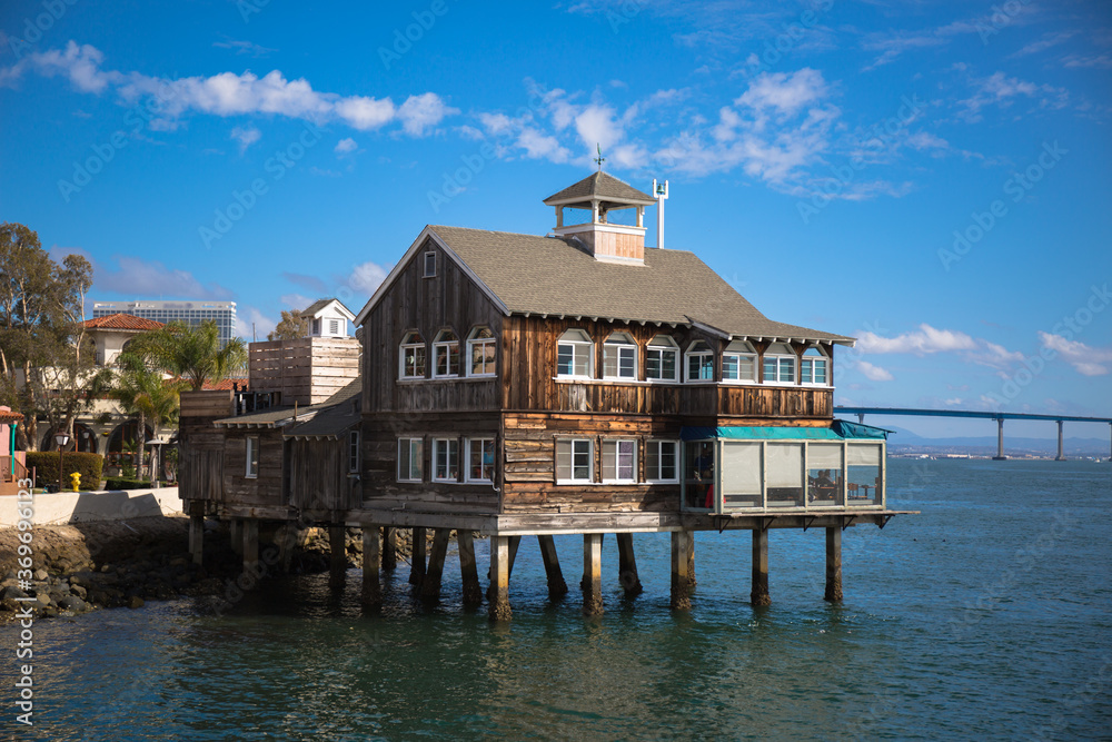 Stilted building, San Diego waterfront, California, USA