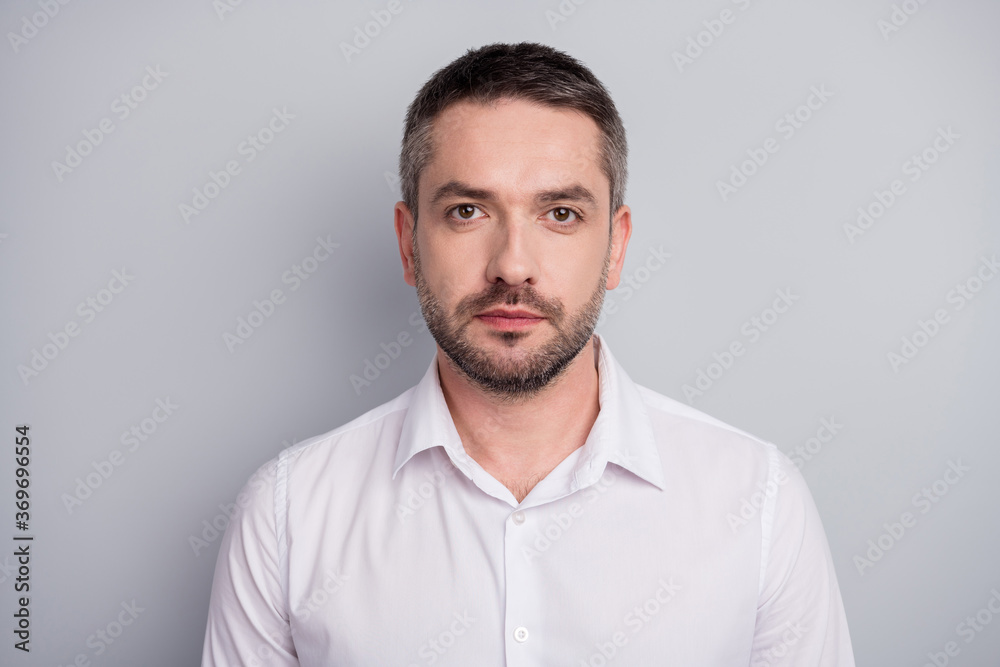 Close-up portrait of his he nice attractive content calm serious mature man qualified security manager wearing white shirt isolated over light gray pastel color background - obrazy, fototapety, plakaty 