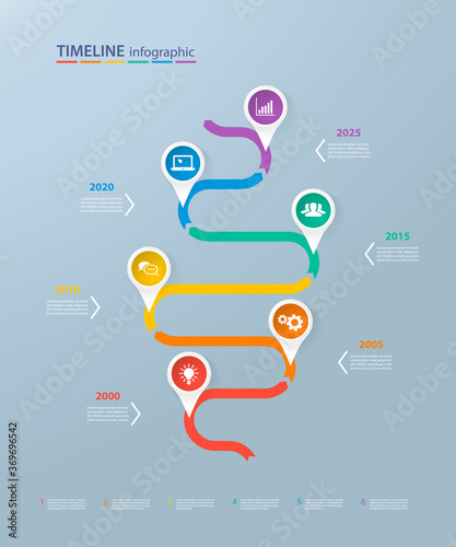 Infographics timeline template with realistic colorful circles for 5 steps and icons. Can be used for workflow layout, diagram, number options, step up options, web design, infographics, presentations