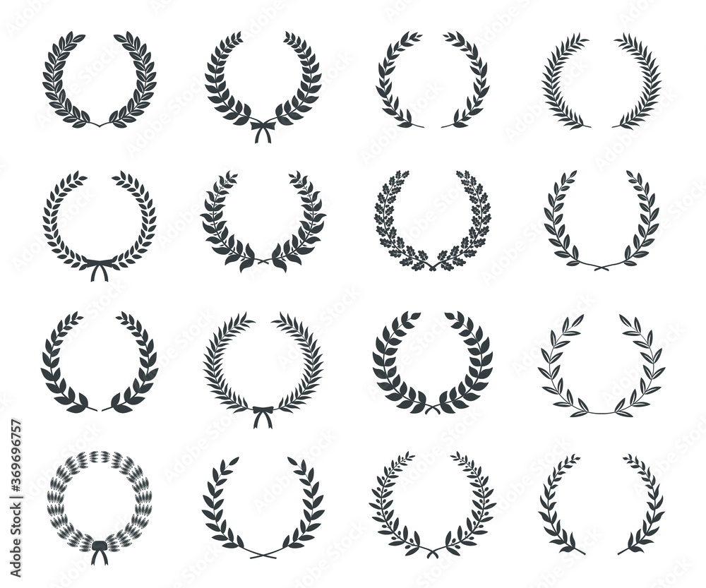 Collection of circular laurel wreaths. Can be used as design elements in heraldry on an award certificate manuscript and to symbolise victory illustration in silhouette Collection of circular laurel wreaths. Can be used as design elements in heraldry on an award certificate manuscript and to symbolise victory illustration in silhouette