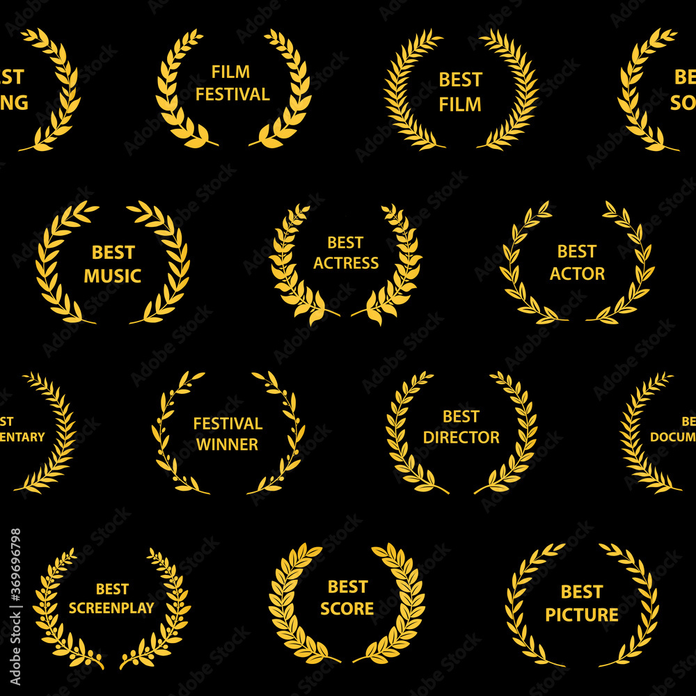 Gold film award wreaths. Seamless pattern. Vector illustration.