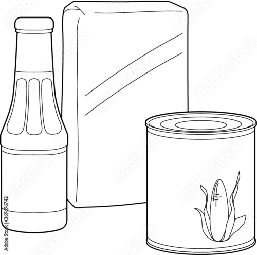 A vector line art illustration of food products: a flour package, ketchup glass bottle and a canned corn