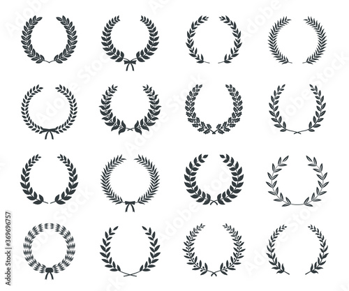 Collection of circular laurel wreaths. Can be used as design elements in heraldry on an award certificate manuscript and to symbolise victory illustration in silhouette