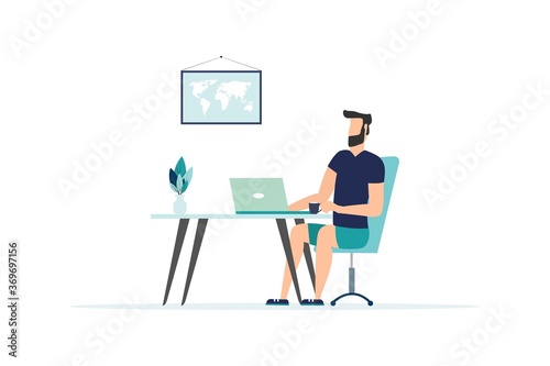 Working at home, coworking space, concept illustration. Young people, man freelancers working on laptops and computers at home. People at home in quarantine. Vector flat style illustration