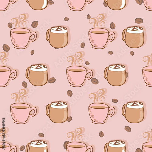 hand drawn cute different types of coffee with coffee bean pink background vector seamless pattern design