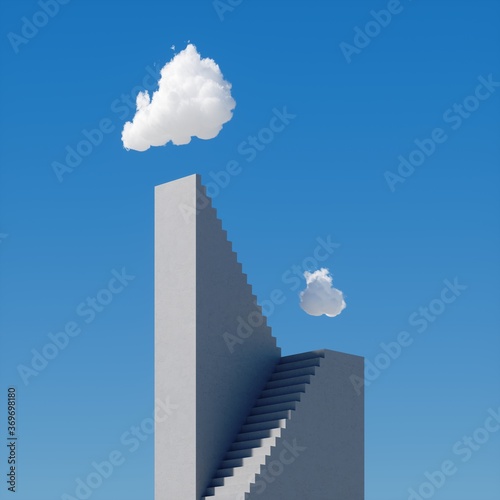 3d render, abstract cloudscape on a sunny day, white cloud hangs above the high concrete stairs, skyscraper under the blue sky. Modern minimal surreal background, challenge concept