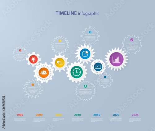 Infographics timeline template with realistic colorful circles and gears for 7 steps and icons. Can be used for workflow layout, diagram, number options, step up options, infographics, presentations