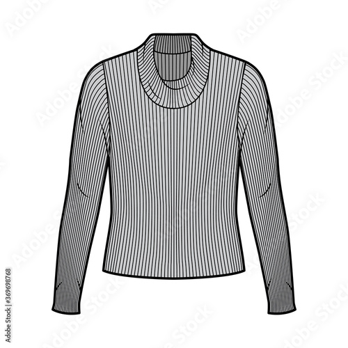 Ribbed cowl turtleneck knit sweater technical fashion illustration with long sleeves, oversized body. Flat sweater apparel template front grey color. Women men unisex shirt top CAD mockup