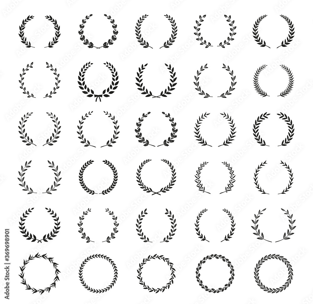 Big collection of thirty different black and white silhouette circular laurel foliate, olive and oak wreaths depicting an award, achievement, heraldry, nobility. Vector illustration.