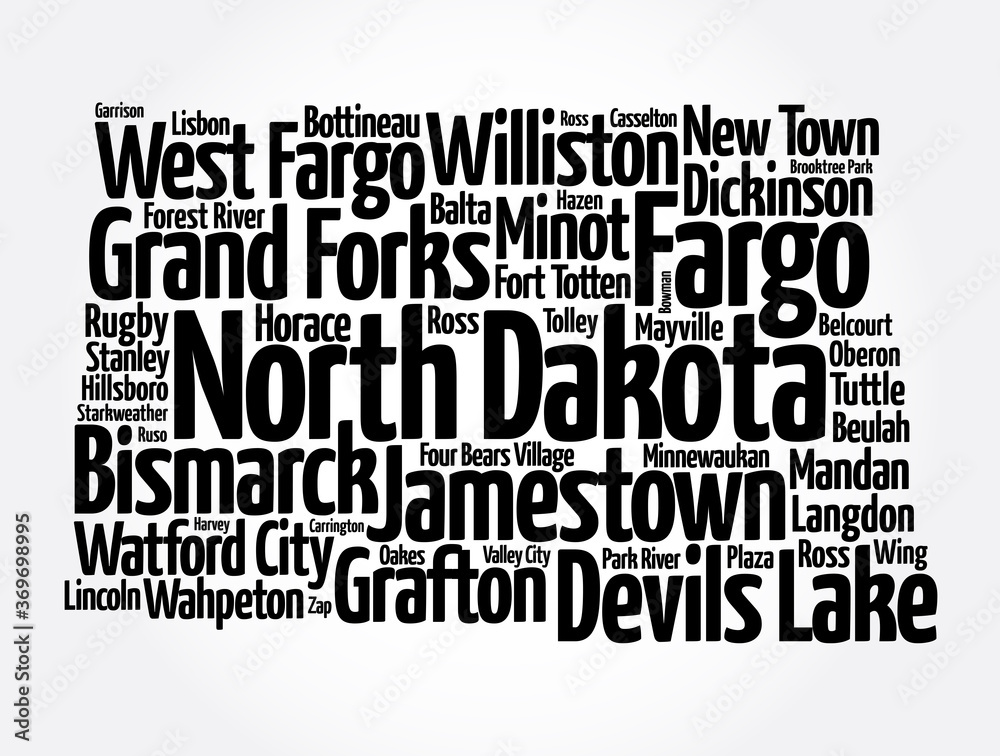 Obraz premium List of cities in North Dakota USA state, map silhouette word cloud, map concept background