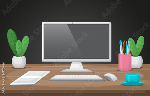Computer Cup of Coffee on Workbench Office Work Table Illustration