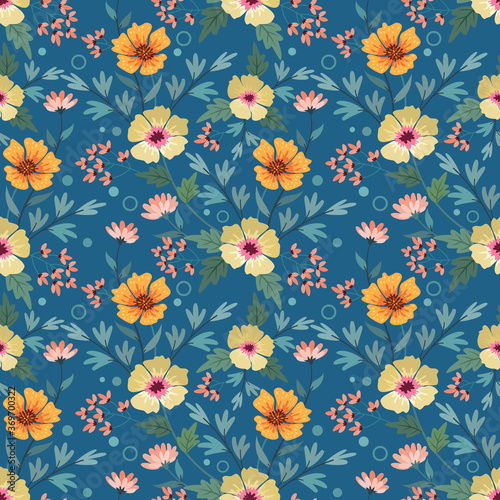 Colorful hand draw flowers on blue seamless pattern for fabric textile wallpaper.