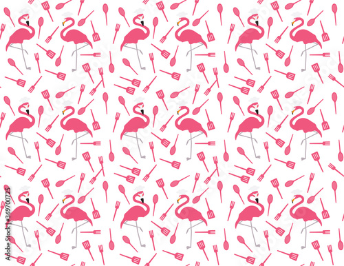 Flamingo chef and kitchen utensils seamless pattern