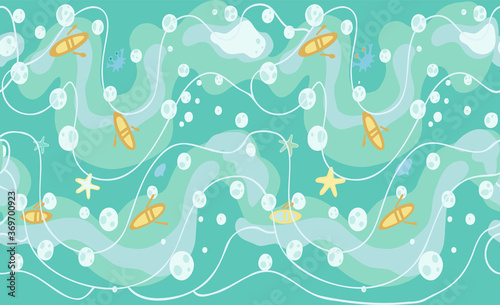 Seamless open sea background with waves and boats. Vector illustration