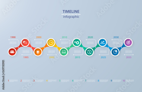 Infographics timeline template with realistic colorful circles for 10 steps and icons. Can be used for workflow layout, diagram, number options, step up options, web design, infographics