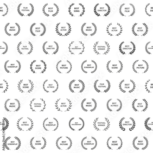 Black and white film award wreaths. Seamless pattern. Vector illustration.