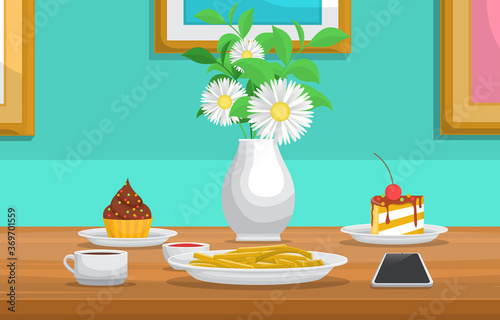 Cake Flower Cup of Coffee on Table Cafe Restaurant Illustration