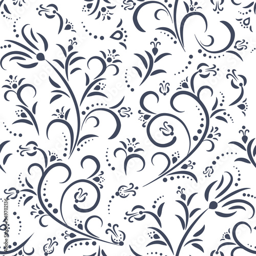 Seamless white background with blue floral pattern in baroque style. Abstract decorative retro illustration