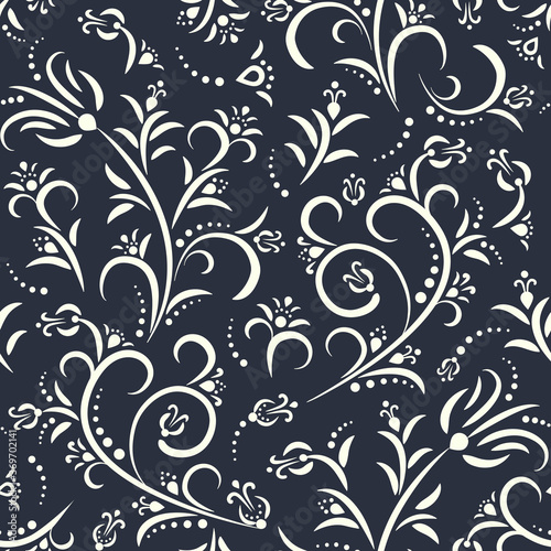 Seamless blue background with white floral  pattern in baroque style. Abstract decorative retro illustration