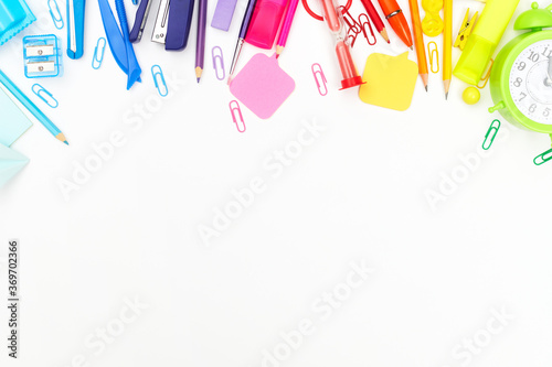 back to school, multicolored school supplies, rainbow on white background, flatley, copyspace