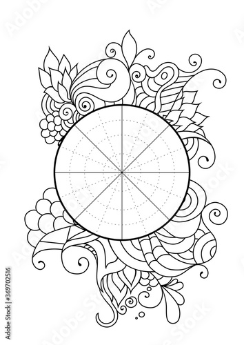 Wheel of Life. Life balance wheel radial diagram. Psychology and coaching tool for self development. Personal purposes chart with elegant zendoodle design