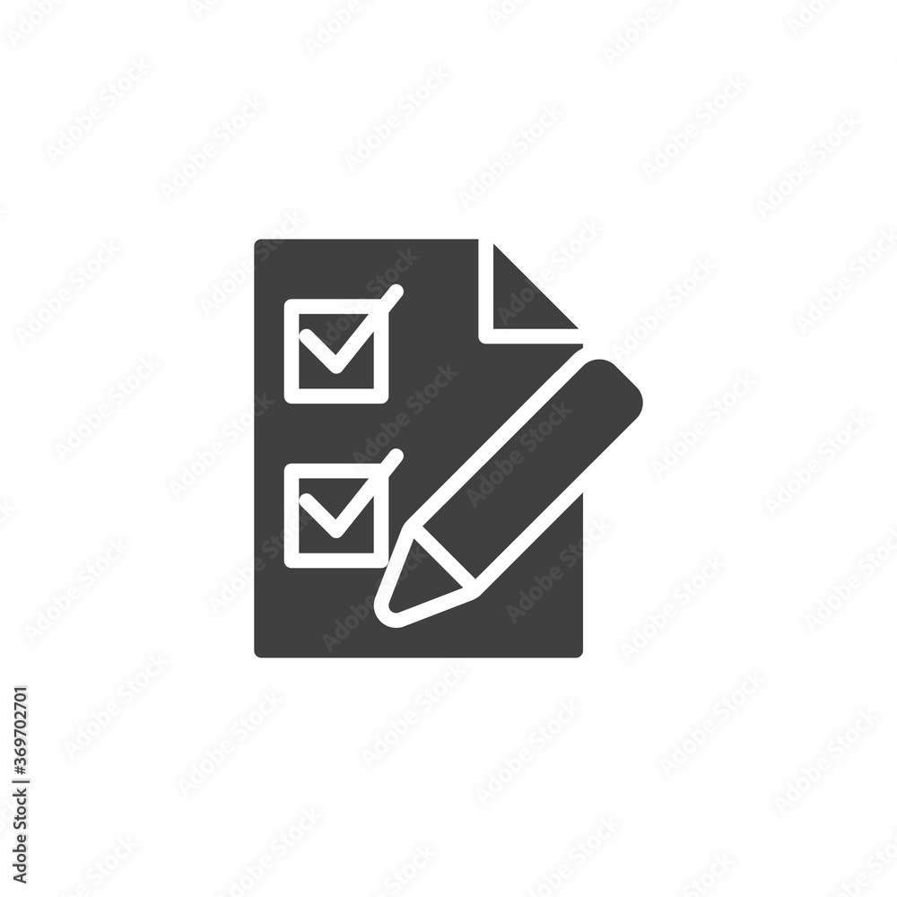 Voting ballot page vector icon. filled flat sign for mobile concept and web design. Document with check mark and pen glyph icon. Symbol, logo illustration. Vector graphics Voting ballot page vector icon. filled flat sign for mobile concept and web design. Document with check mark and pen glyph icon. Symbol, logo illustration. Vector graphics